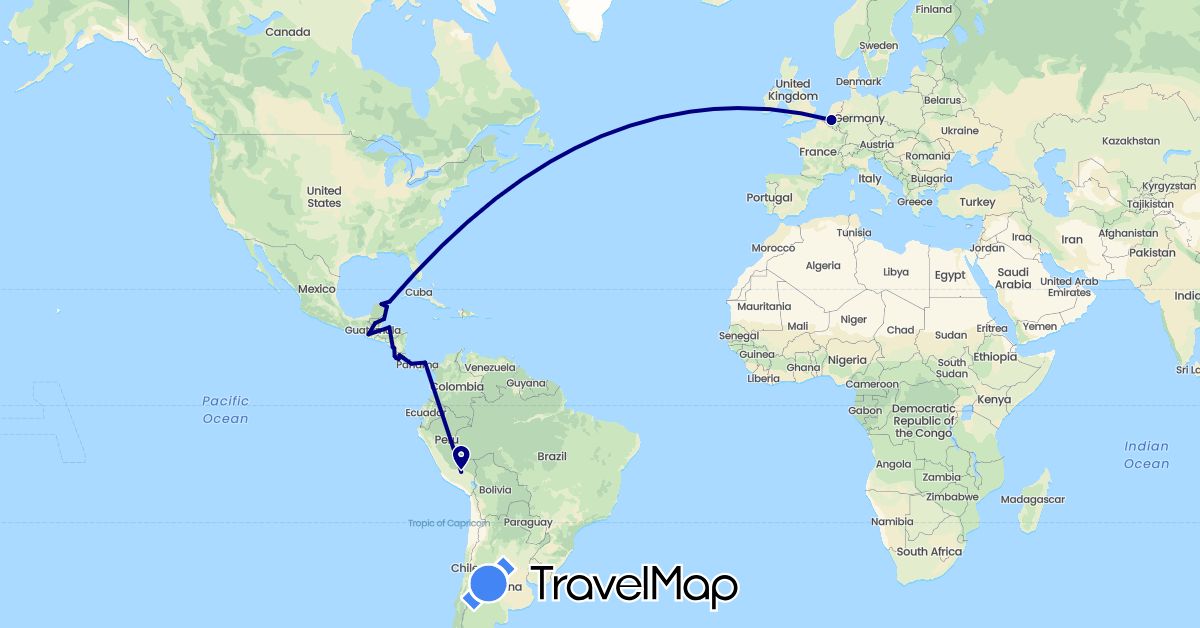 TravelMap itinerary: driving, plane in Belgium, Belize, Costa Rica, Guatemala, Honduras, Mexico, Nicaragua, Panama, Peru (Europe, North America, South America)